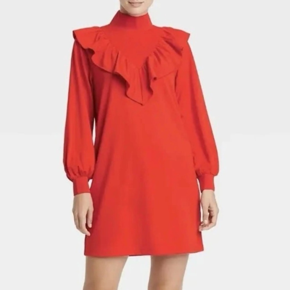 Red long sleeve ruffle neck dress. Brand new, never worn